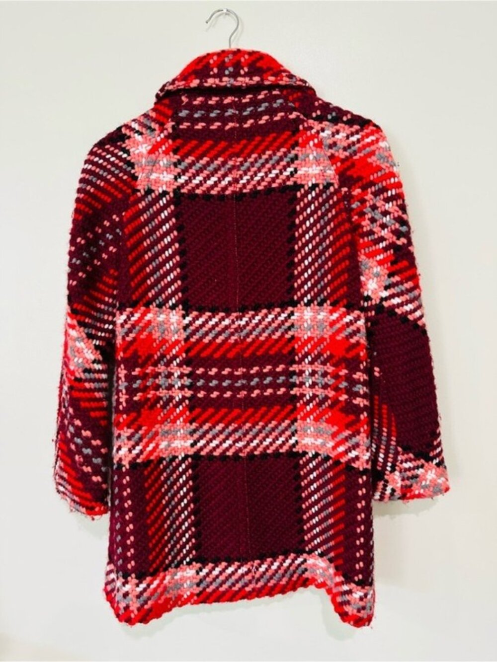 Zara Woman Red Burgundy Plaid Tweed Coat S Preppy Dark Academia - Picture 3 of 10